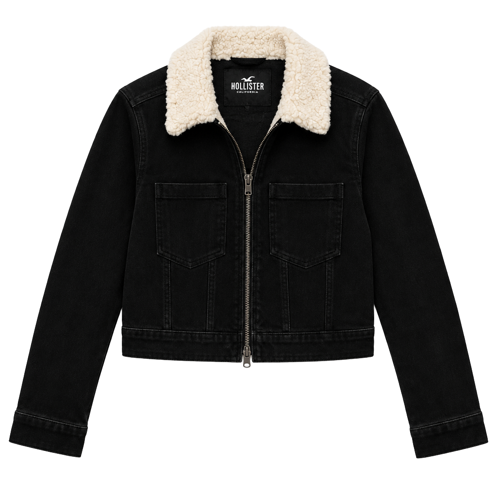 NEW Hollister Sherpa Collared Trucker Denim Jacket Size M Black 1