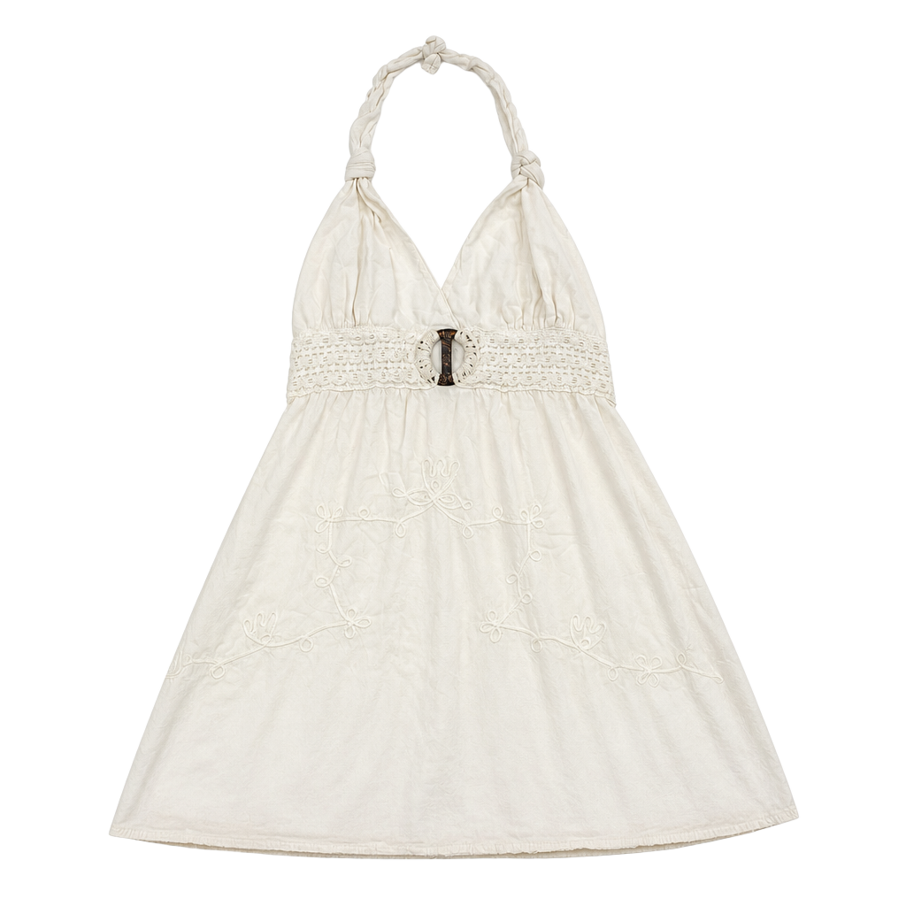 Y2K Giocan Women's White Halter Neck Mini Dress with Embroidered Details and Ring Accent 1