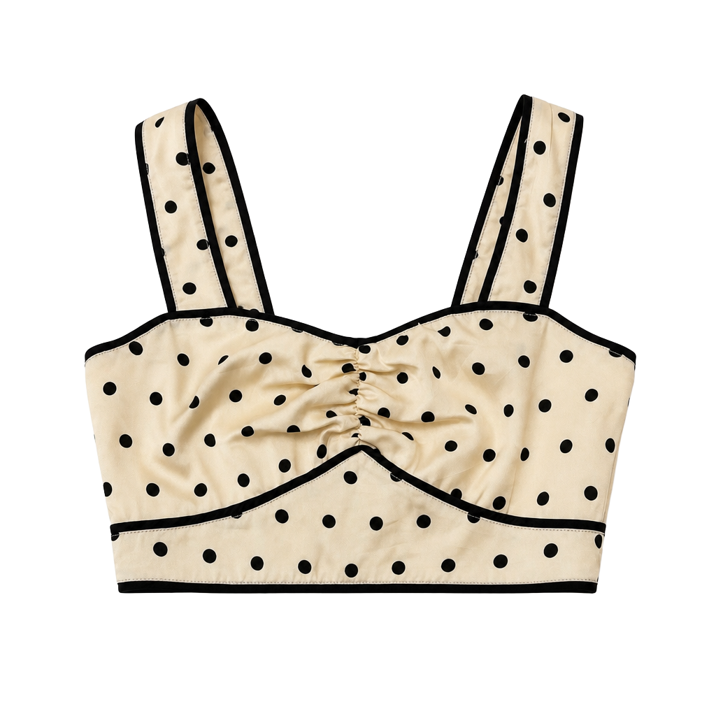 MINKPINK Cream and Black Polka Dot Ruched Crop Top 1