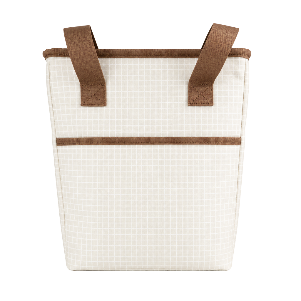 Live In Style Cooler Tote Bag Cream White Grid Pattern With Brown Trim 1