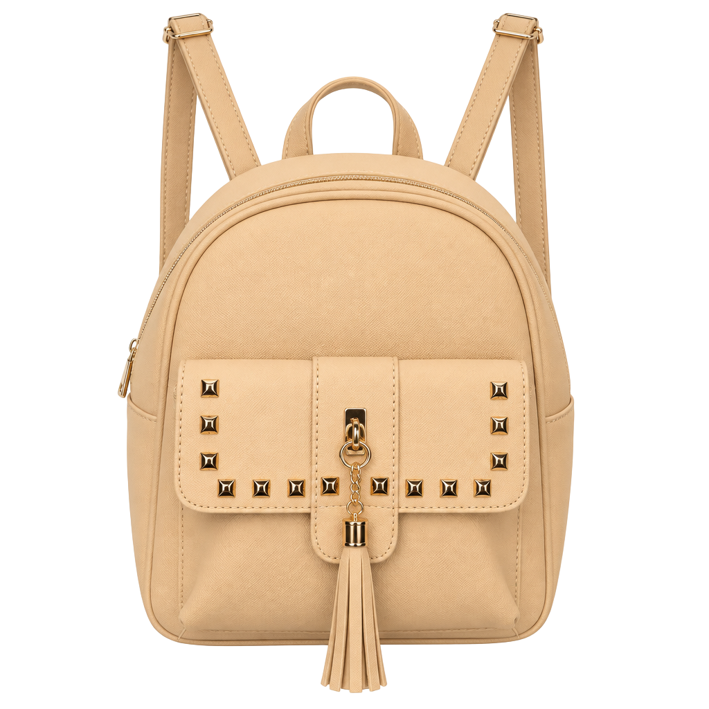 Tan Faux Leather Studded Mini Backpack with Tassel 1