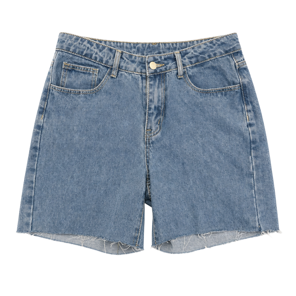 High-Waisted Medium Blue Wash Raw Hem Bermuda Denim Shorts 1