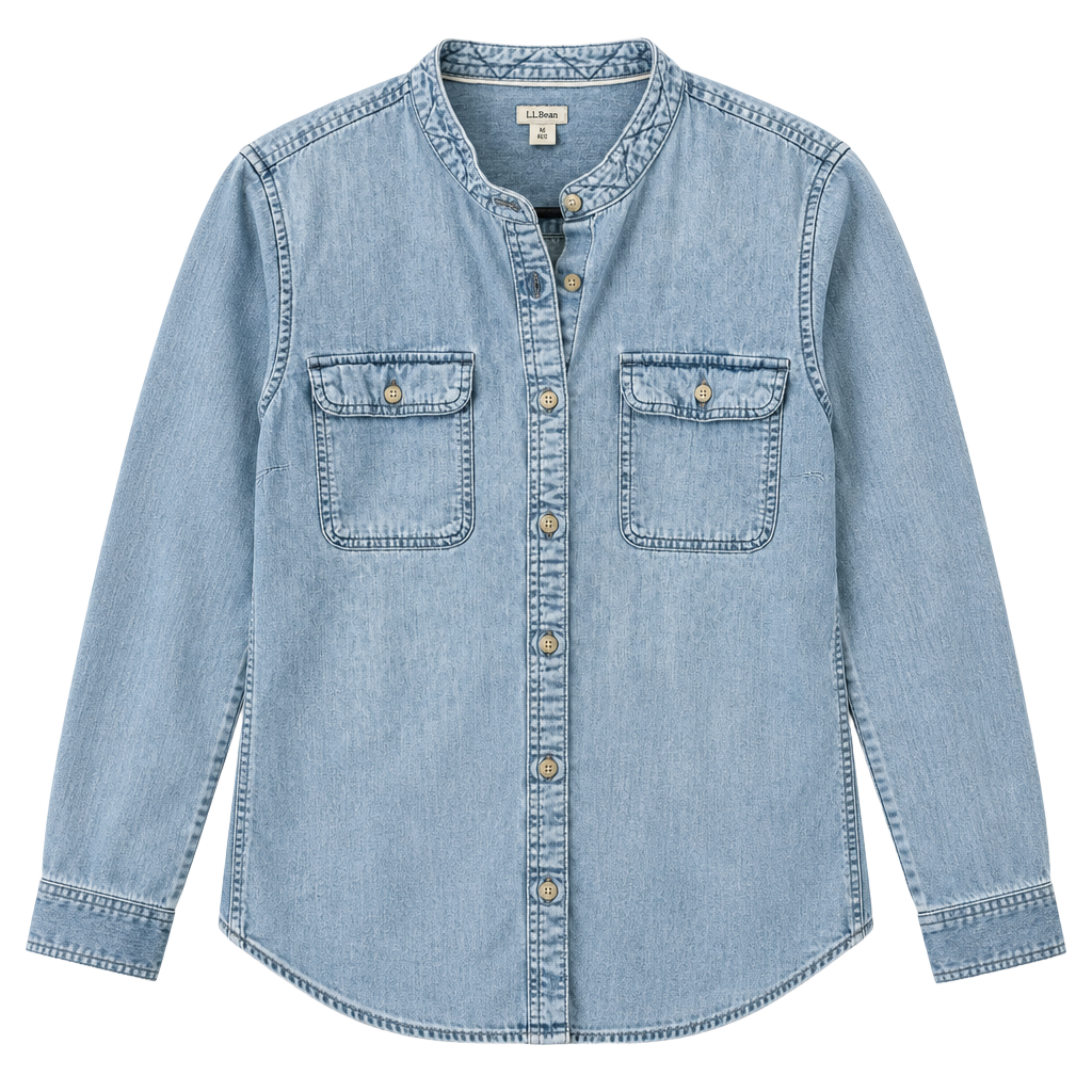 LL Bean Women's Denim Button Up Shirt L 100% Cotton Chambray Mandarin Collar 1