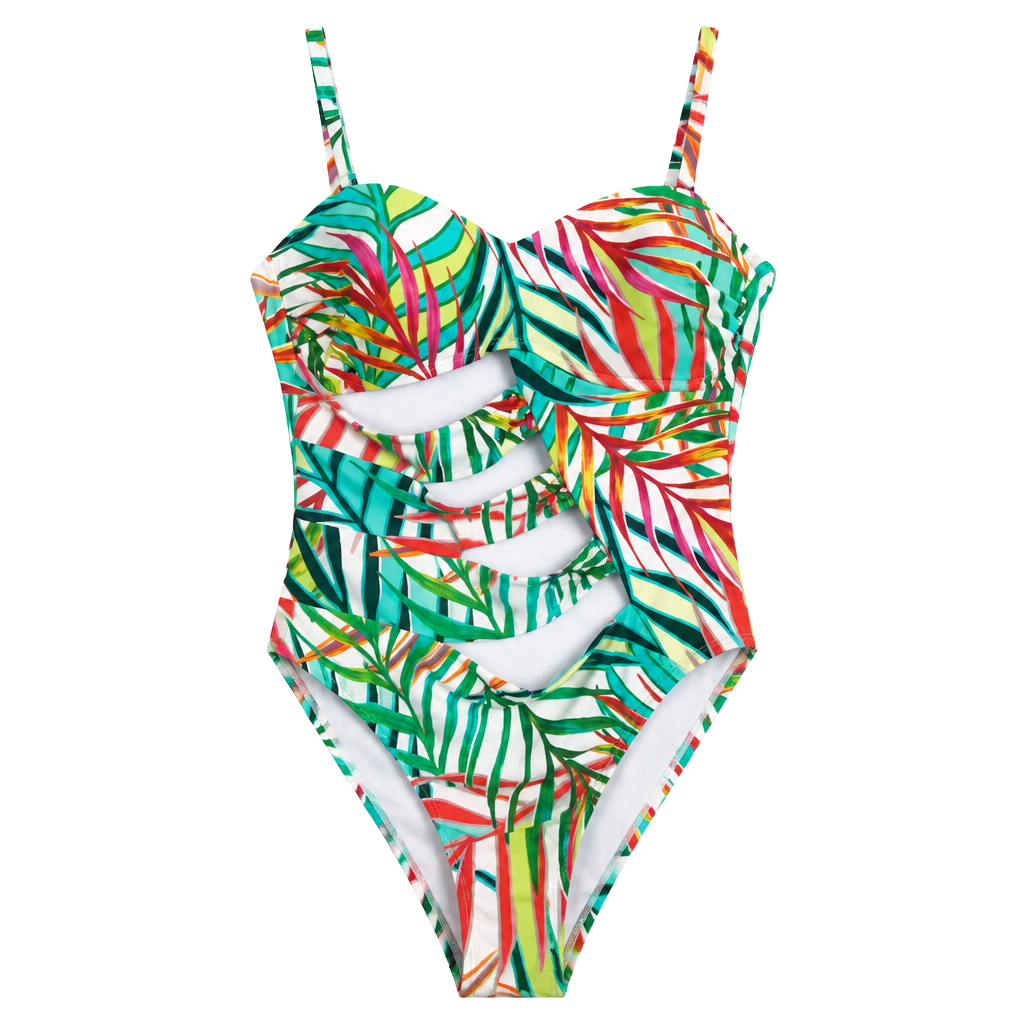 Kenneth Cole New York One Piece Swimsuit Size XL Tropical Palm Cutout 1