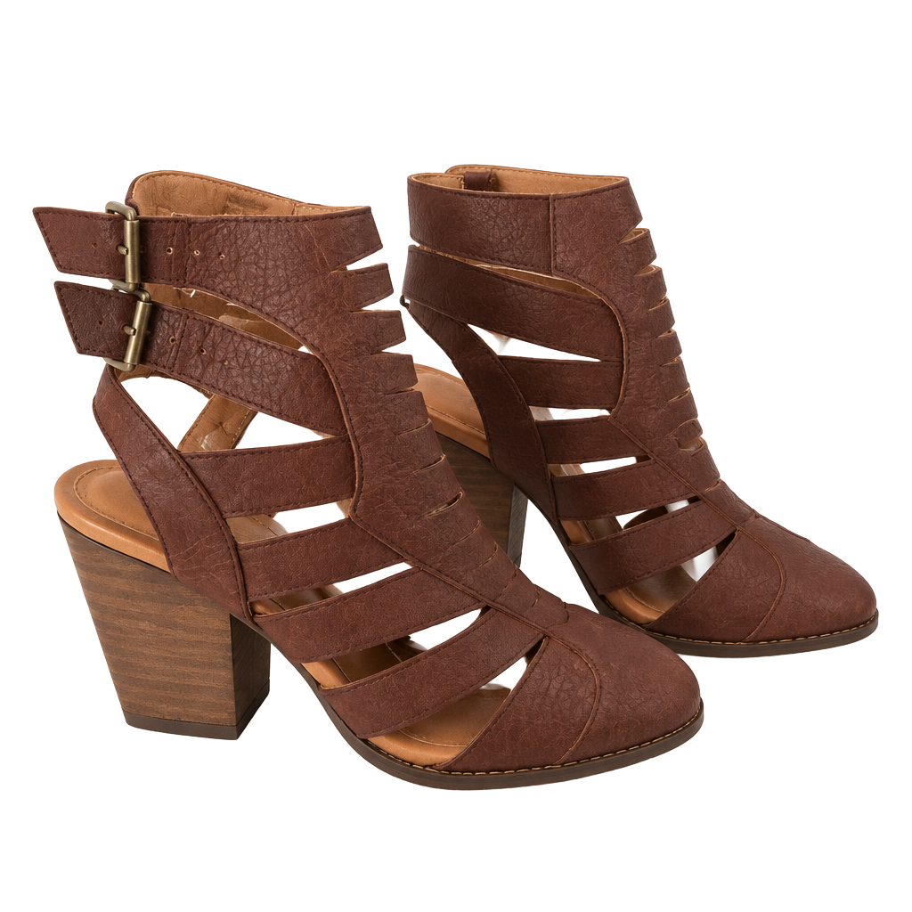 Free People Hayes Brown Leather Block Heel Strappy Buckle Bootie 1