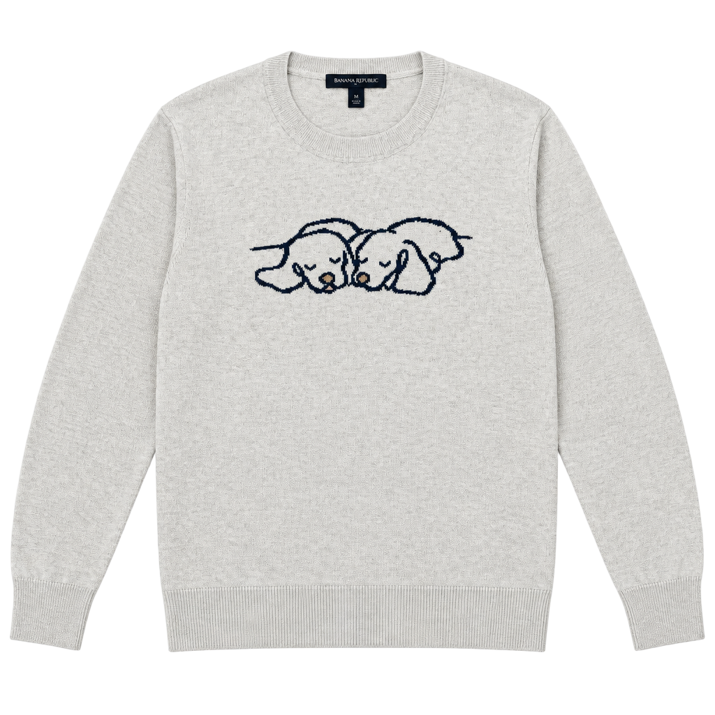 Banana Republic Puppy Sweater Size M Cream Long Sleeve Dog Graphic 1