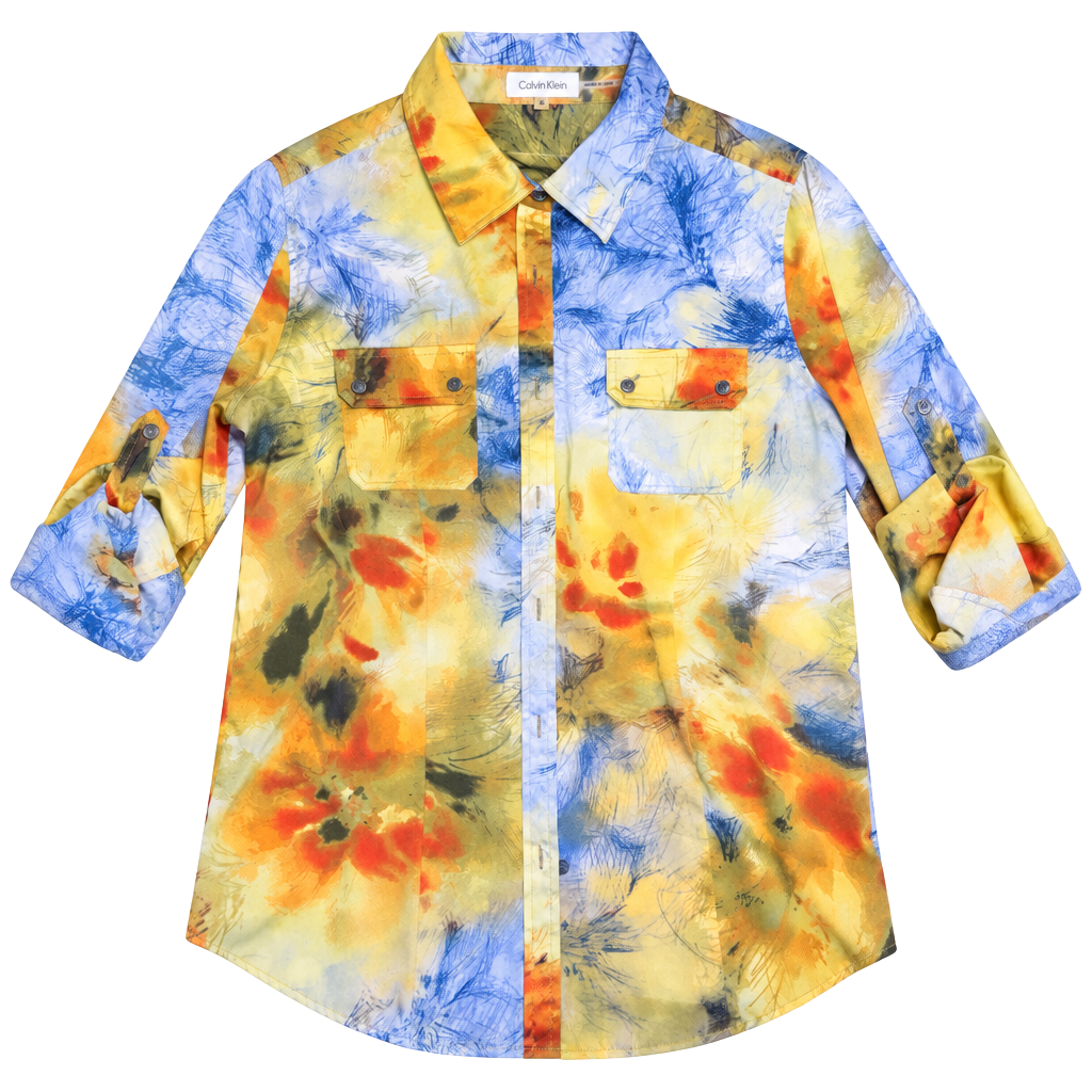 Calvin Klein Button Down Shirt Size M Yellow Blue Floral Watercolor 1