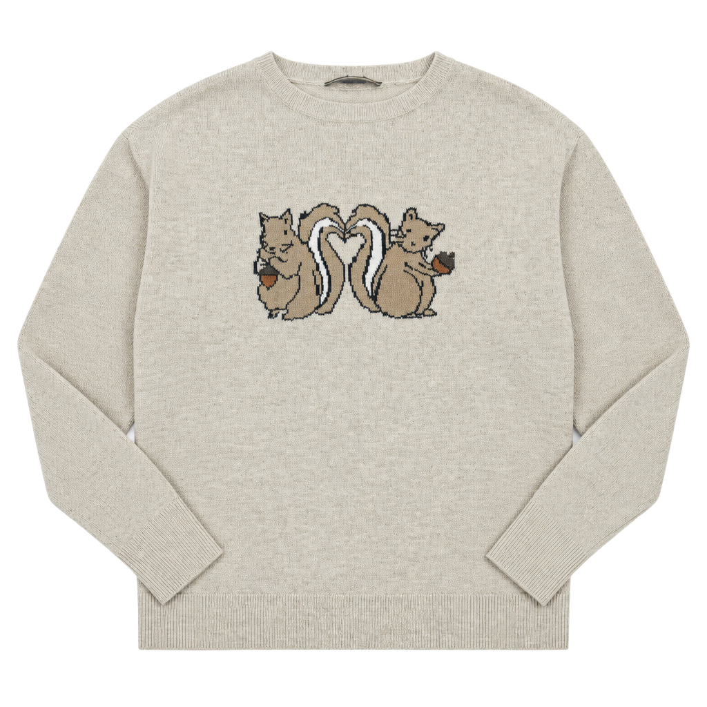 LOFT Squirrel Sweater Size M Beige Heart Tails Graphic Pullover 1