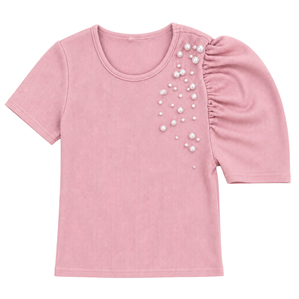 SHEIN Pearl Embellished Puff Sleeve Top Size 11-12Y Pink Ribbed 1