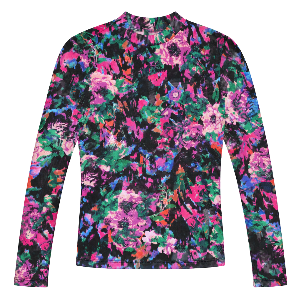 SHEIN Women's Small Floral Mesh Sheer Long Sleeve Top Y2K Multicolor Stretch 1