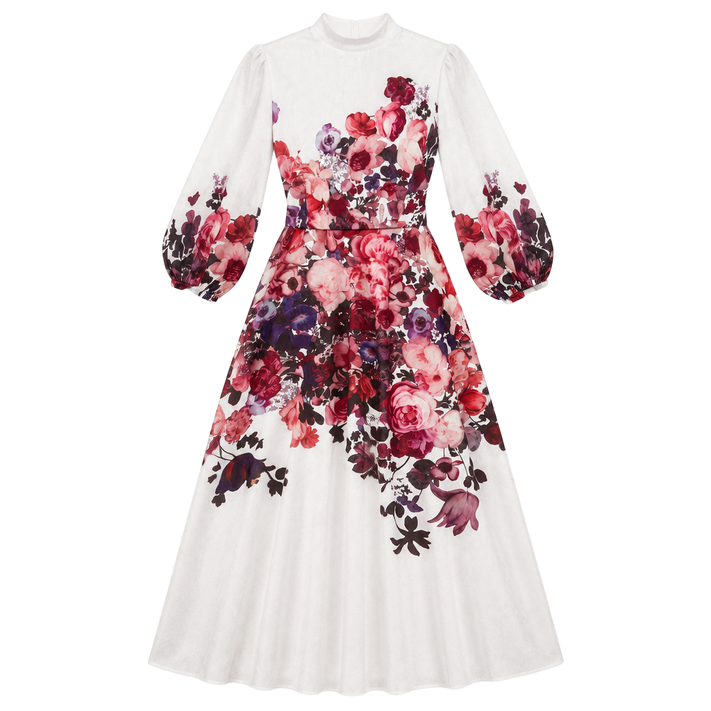 Floral Print Long Sleeve Maxi Dress White 1
