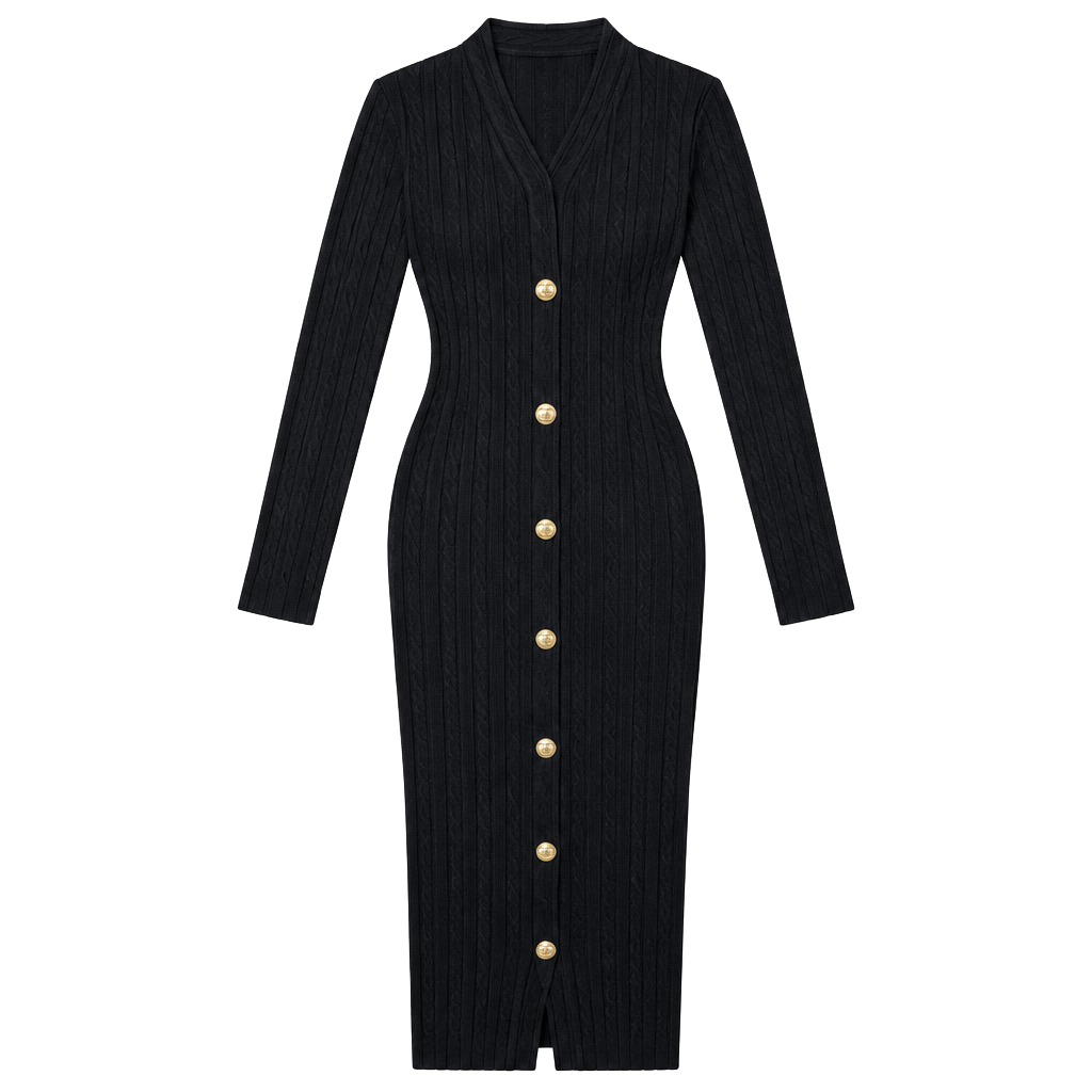Zara Ribbed Knit Midi Dress Size S Black Gold Buttons Long Sleeve 1
