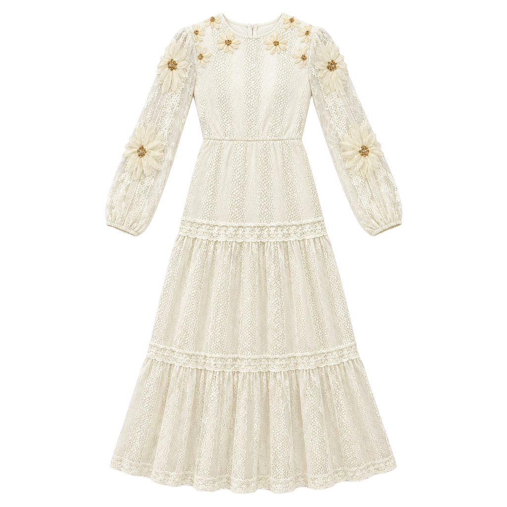 Vintage Long Sleeve Lace Floral Applique Maxi Dress Cream 1