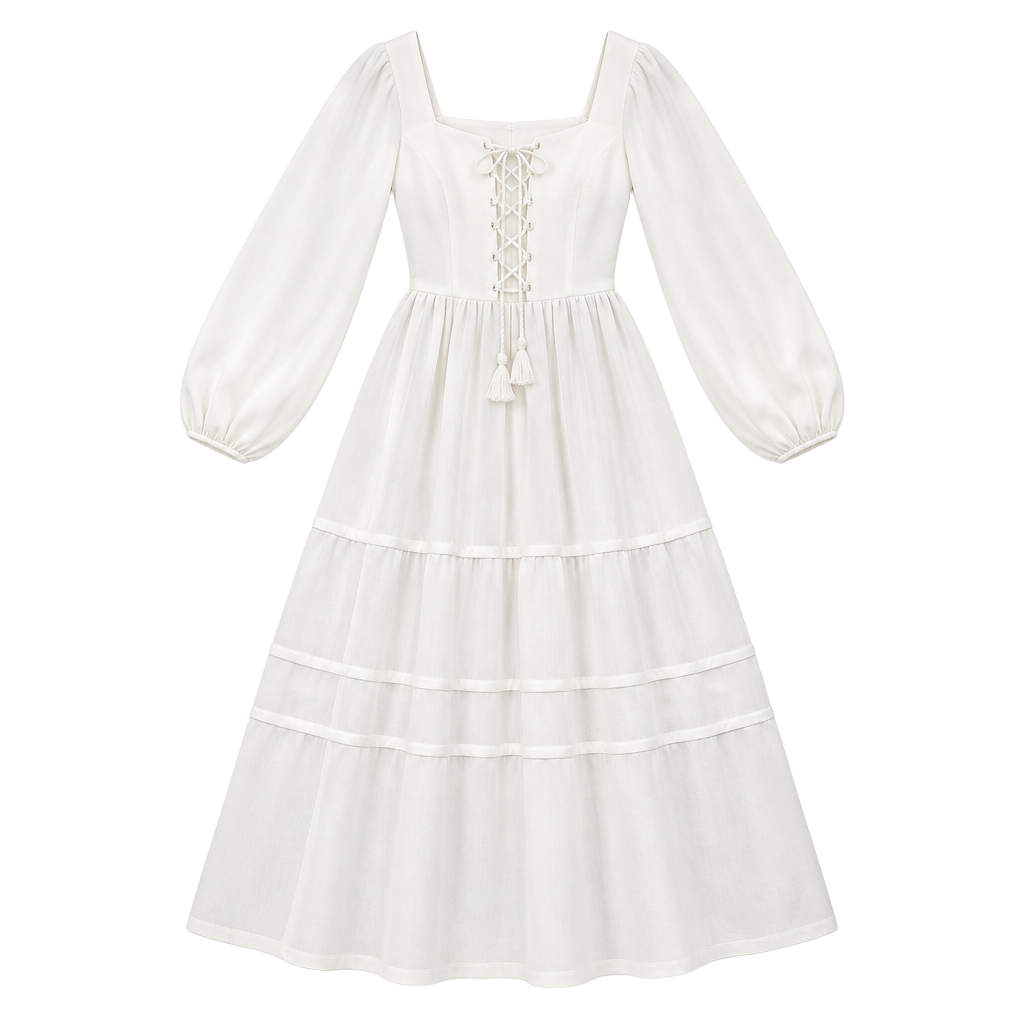 Ruffled Feather Midi Dress White Long Sleeve Mock Neck 1