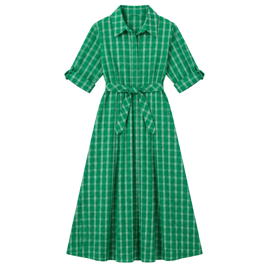 Calvin Klein Plaid Shirt Dress Size 14 Green White Midi Belted 1