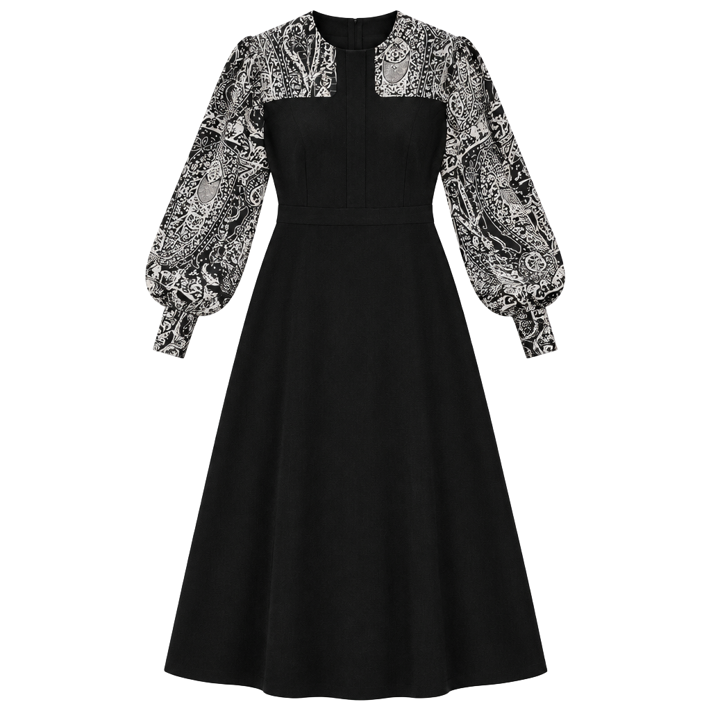 Margot & Clemence Long Sleeve Maxi Dress Size 4 Black White Paisley Accent 1