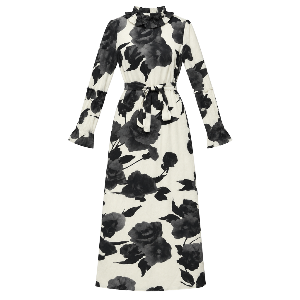 Stella Rose Maxi Dress Black White Floral Ruffle Long Sleeve New with Tags 1