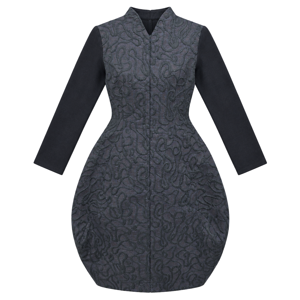 Elio Dress Size 6 Black Blue Jacquard Long Sleeve Bubble Hem 1