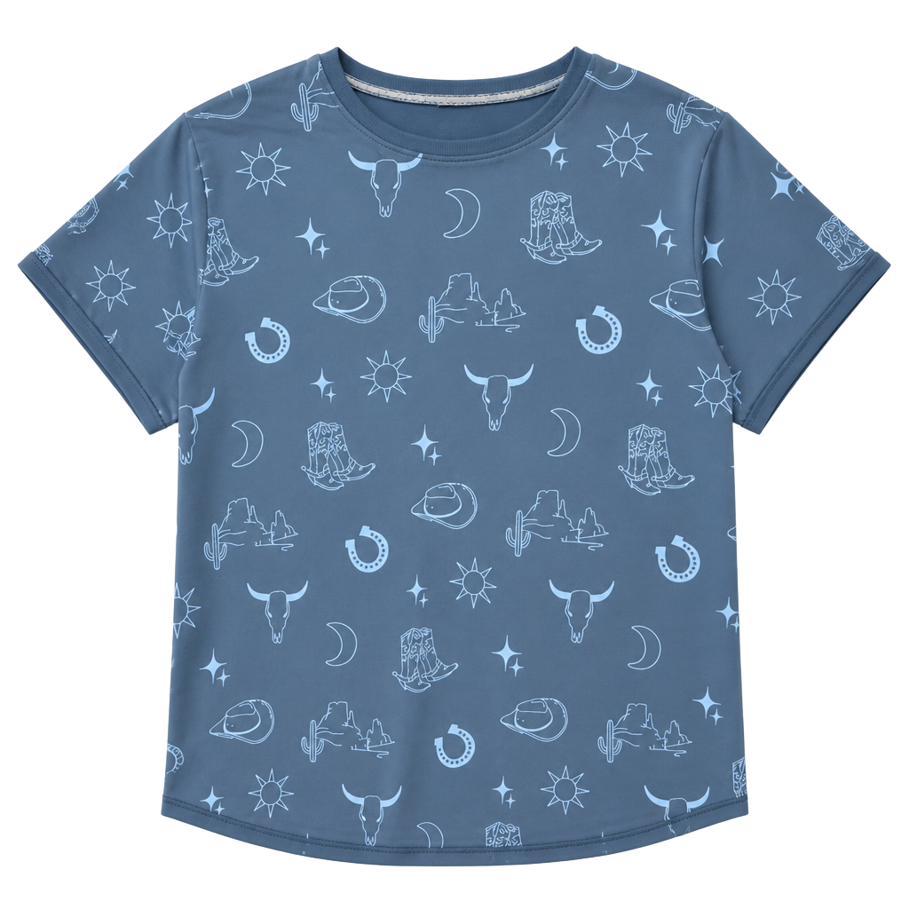 Umgee Blue Western Print Oversized Short Sleeve Sweatshirt Top 1