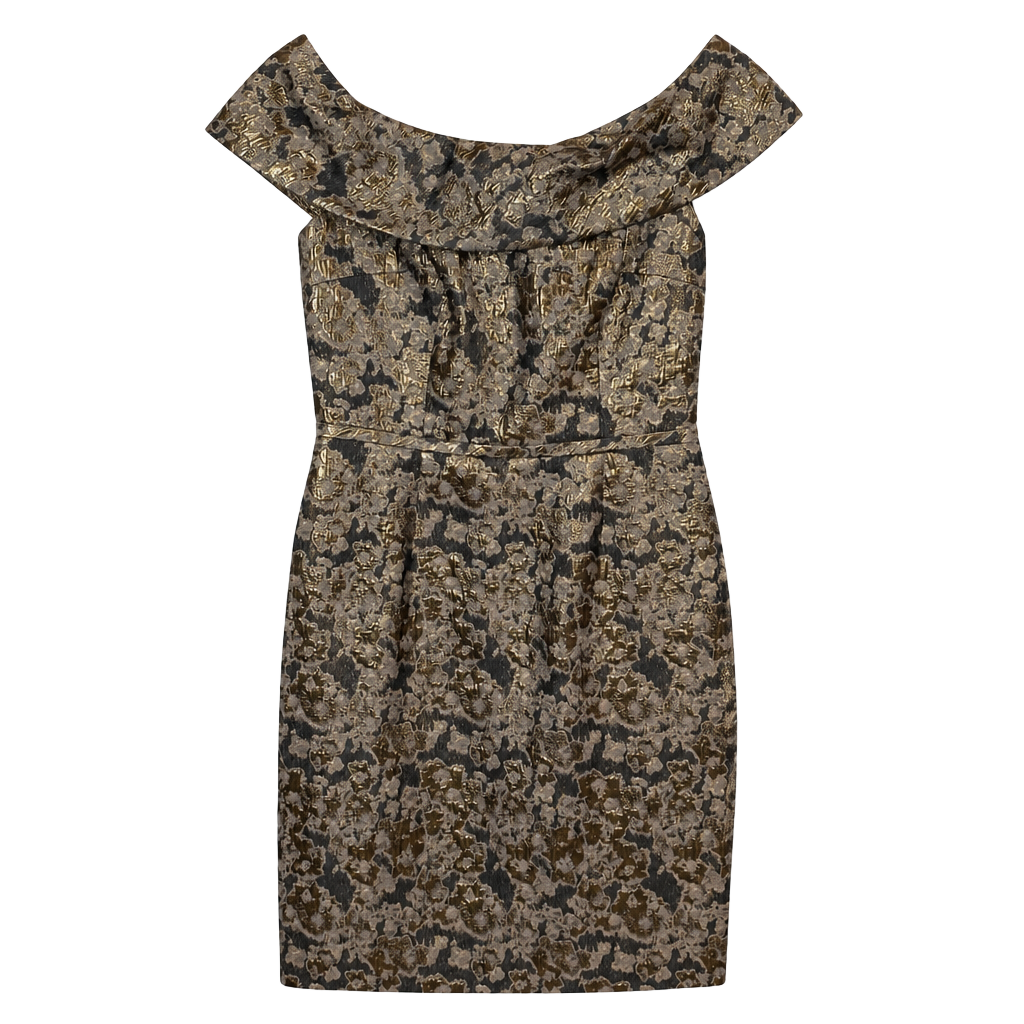 Calvin Klein Metallic Gold and Black Floral Brocade Off-the-Shoulder Sheath Dress 1