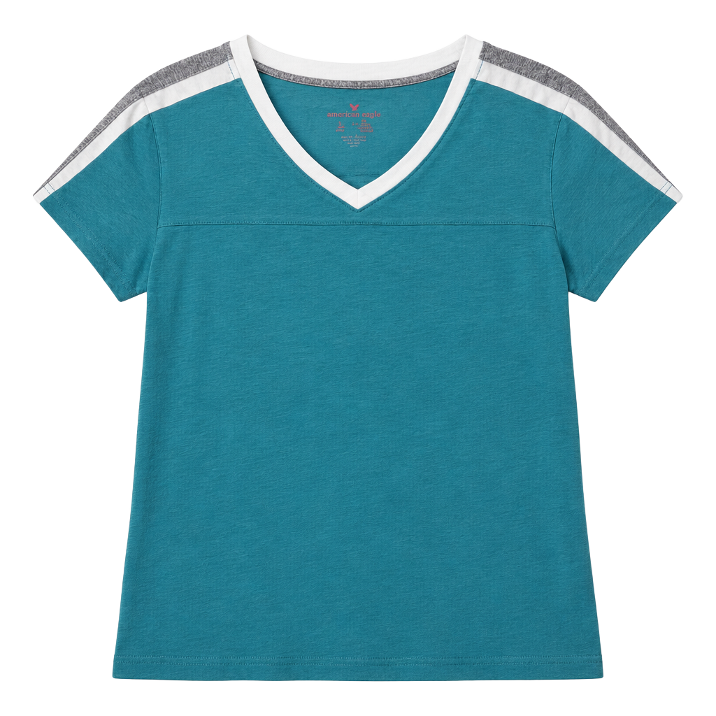 Woman Within Size Large Teal V-Neck Short Sleeve Cotton T-Shirt Gray Trim 1