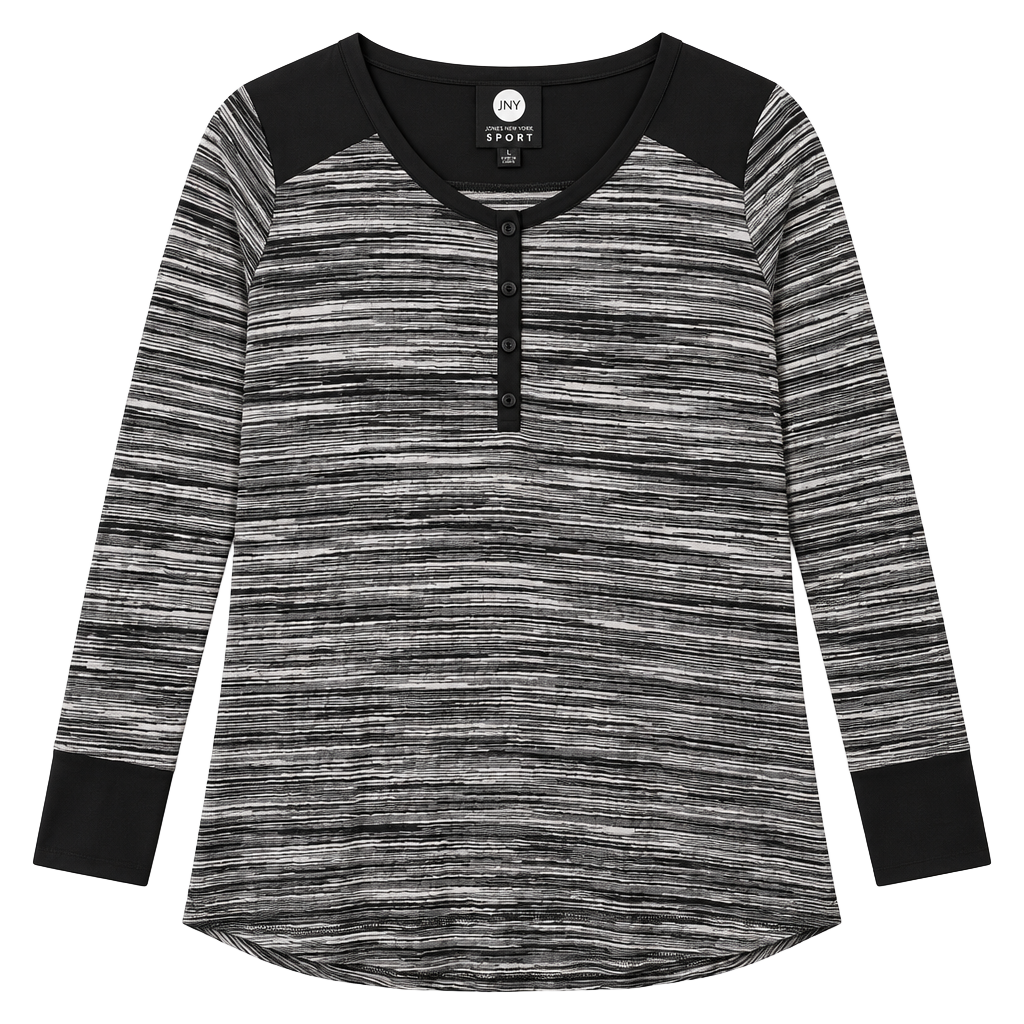 NWT Jones New York Sport Henley Shirt Size 0X Black Ivory Striped Long Sleeves 1