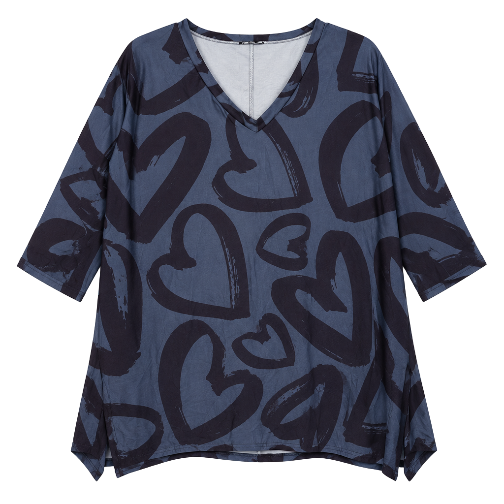 Lily by Firmiana Heart Print V-Neck Tunic Size 3X Blue Green Shirt Top 1