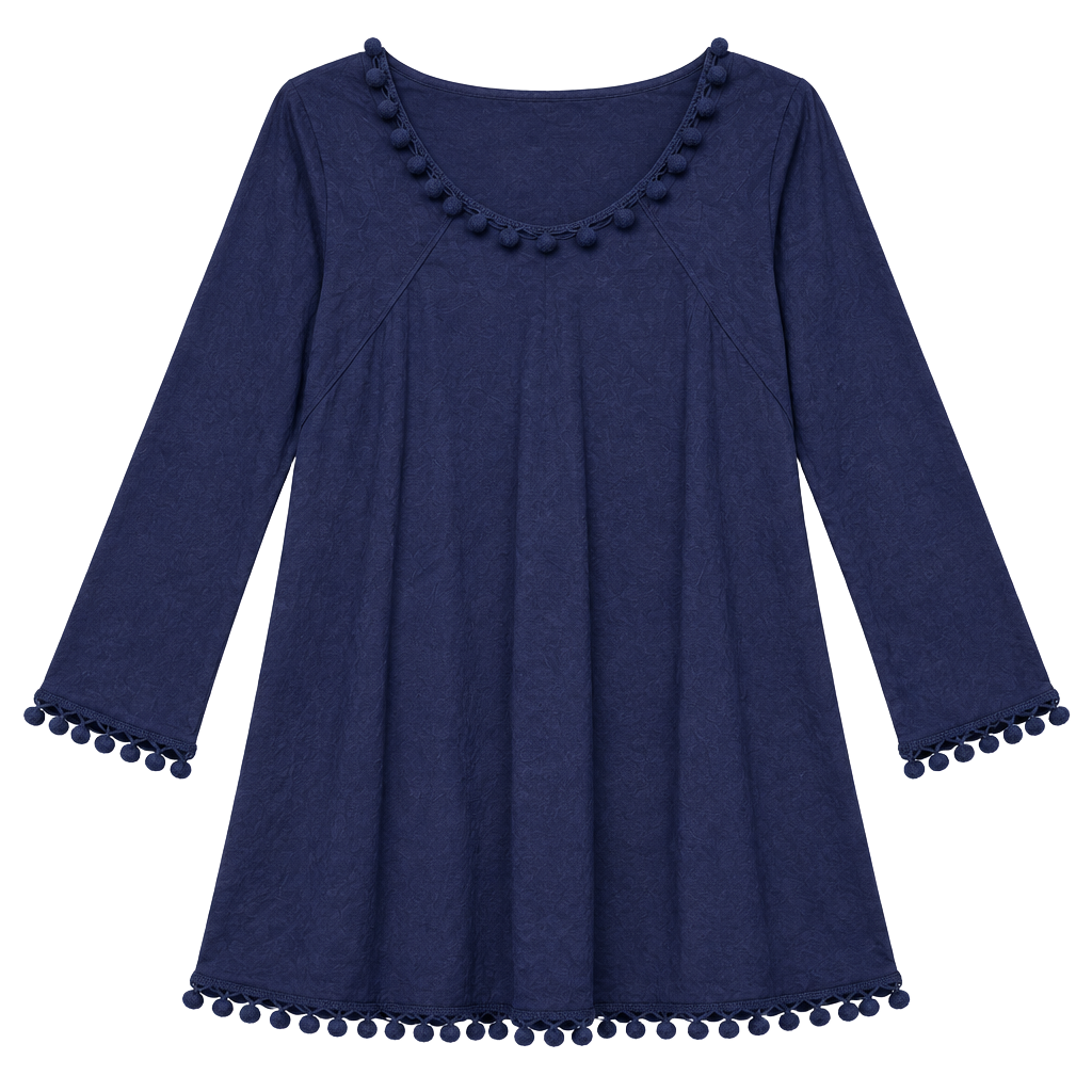 Anandas Collection Pom Pom Tunic Top Size 3XL Bavy Blue Cotton Long Sleeve 1