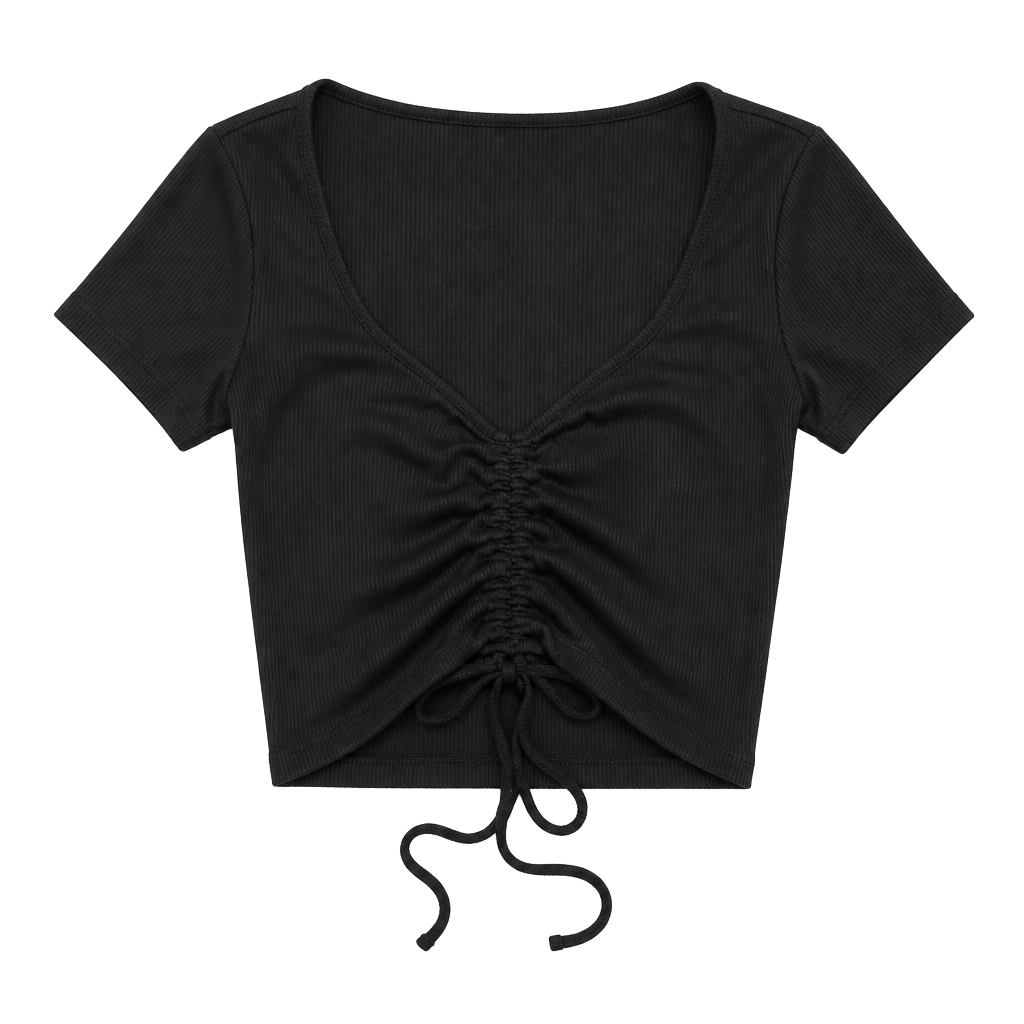 Zara Ruched Front Crop Top Size S Black V-Neck Short Sleeve 1