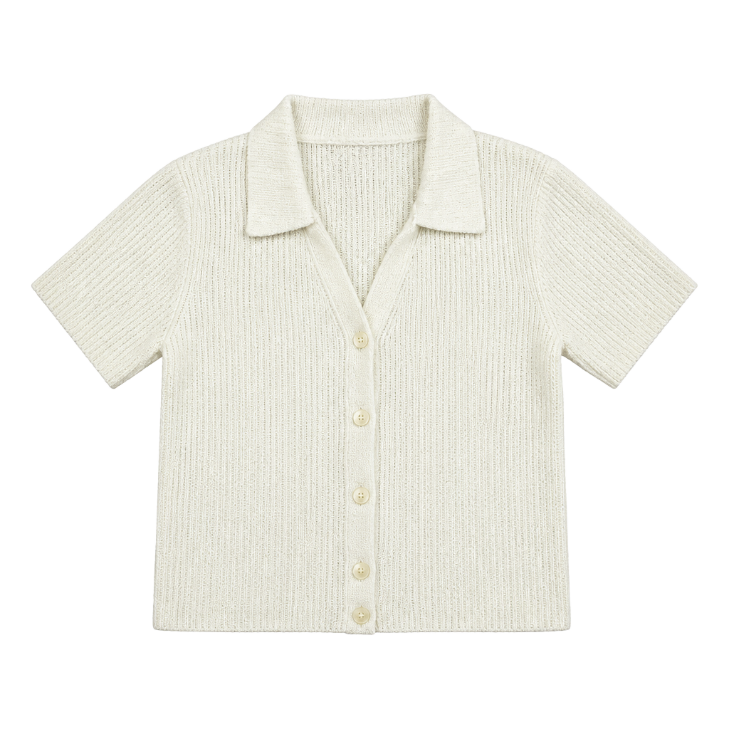 Hazel Moon Ribbed Polo Sweater Size XS Cream Short Sleeve Button Front 1