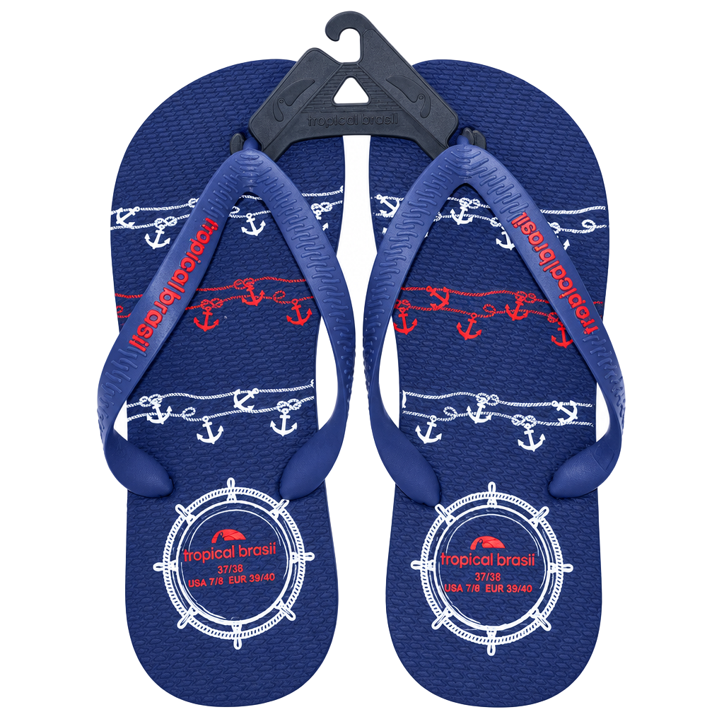 Tropical Brasil Unisex Flip Flops Size USA 7M Navy Anchor Nautical 1