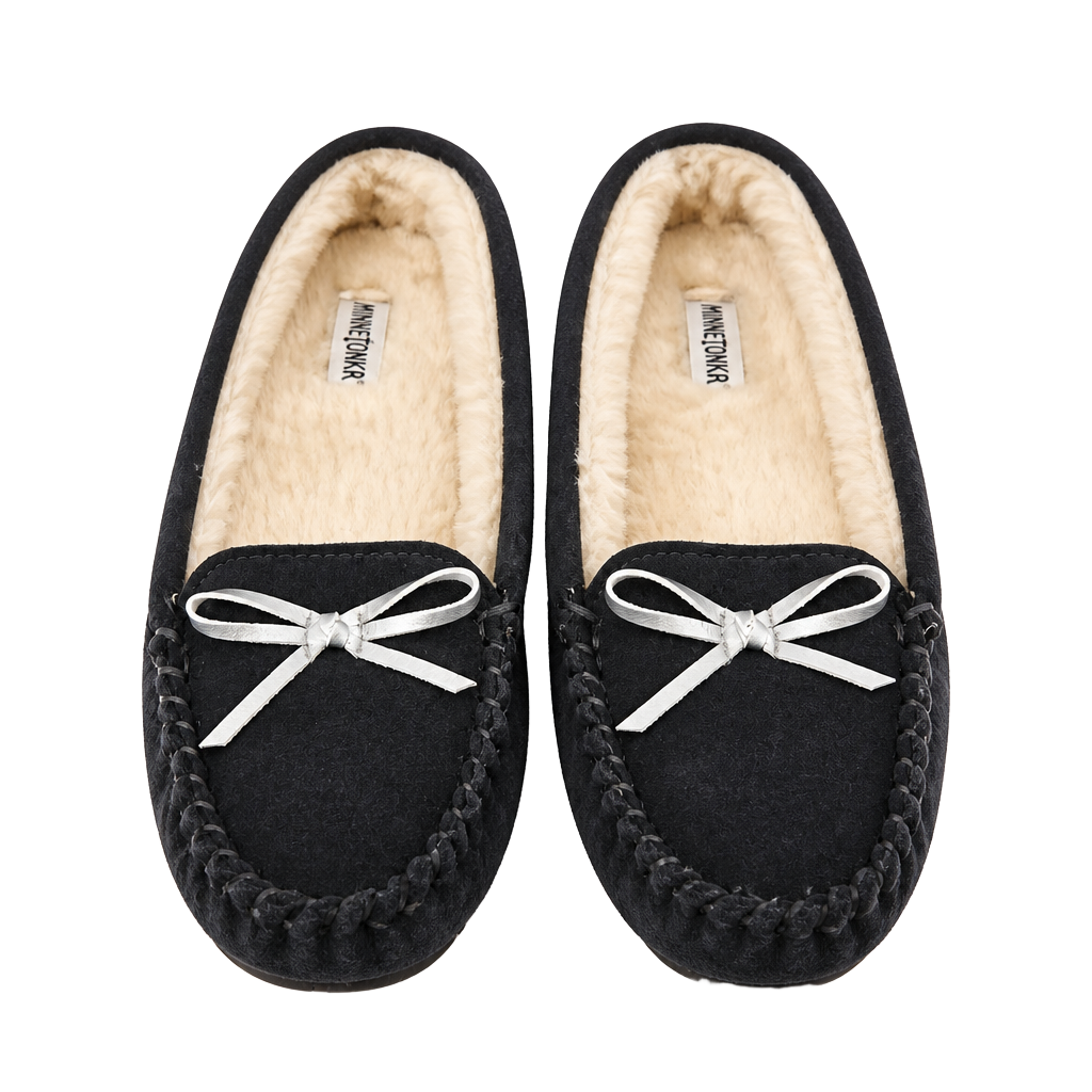 Kids Old Navy Sherpa Moc Slippers in Cast Iron with Silver Bow 1