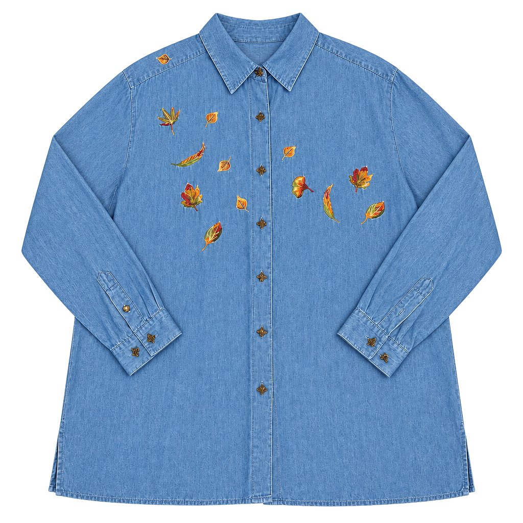 Vintage Bechamel Denim Button Down Shirt XL Embroidered Autumn Leaves 1