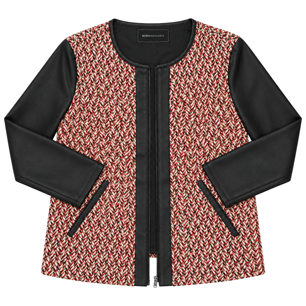 BCBGMAXAZRIA Tweed Jacket Size M Faux Leather Trim 1