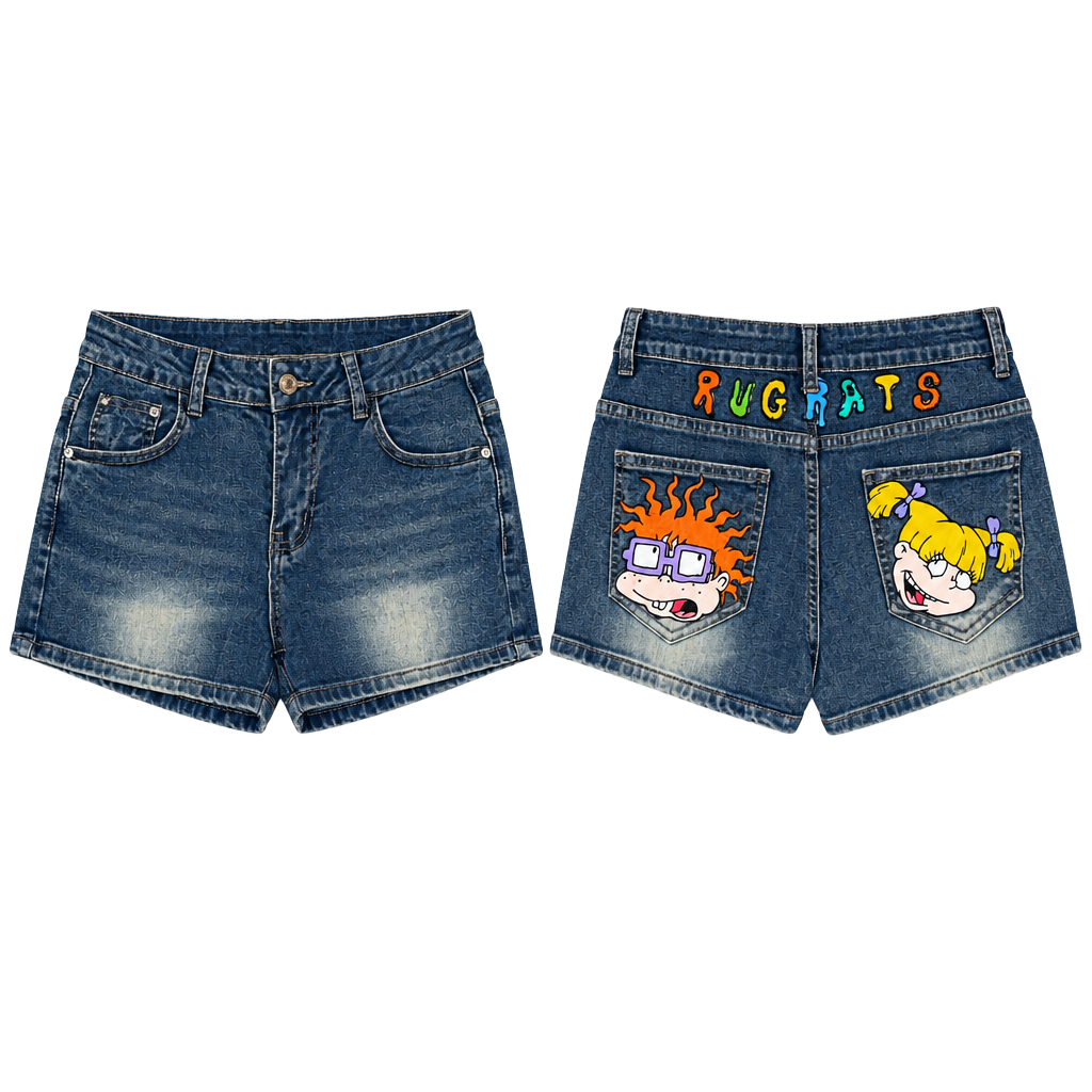 Nick 90s X ROMWE Rugrats Denim Shorts Size M Blue Cartoon Pocket 1