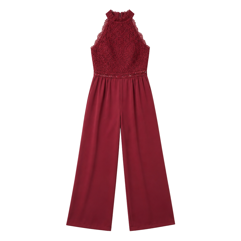 Wine Red Lace Backless Halter Jumpsuit 1