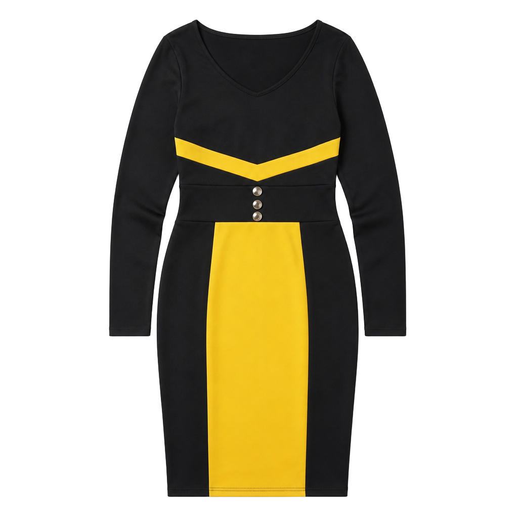Fashion Mia Black and Yellow Colorblock Bodycon Midi Dress with Gold Buttons 1