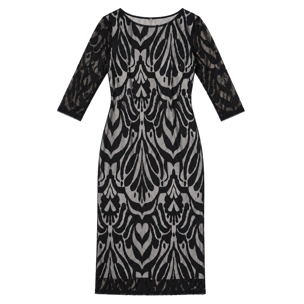 Black Damask Lace Midi Sheath Dress with 3/4 Sleeves 1