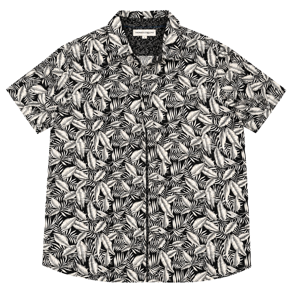Thomas Sterling Short Sleeve Shirt Size L Black White Leaf Tropical 1