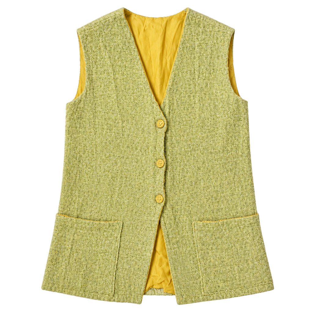 Vintage 1960s Lime Green and Gold Metallic Lurex Tweed Vest with Medallion Buttons 1