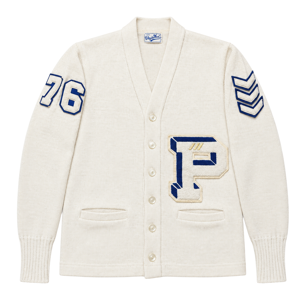 Vintage Virgin Wool Letterman Cardigan Sweater White Blue Size 76 1