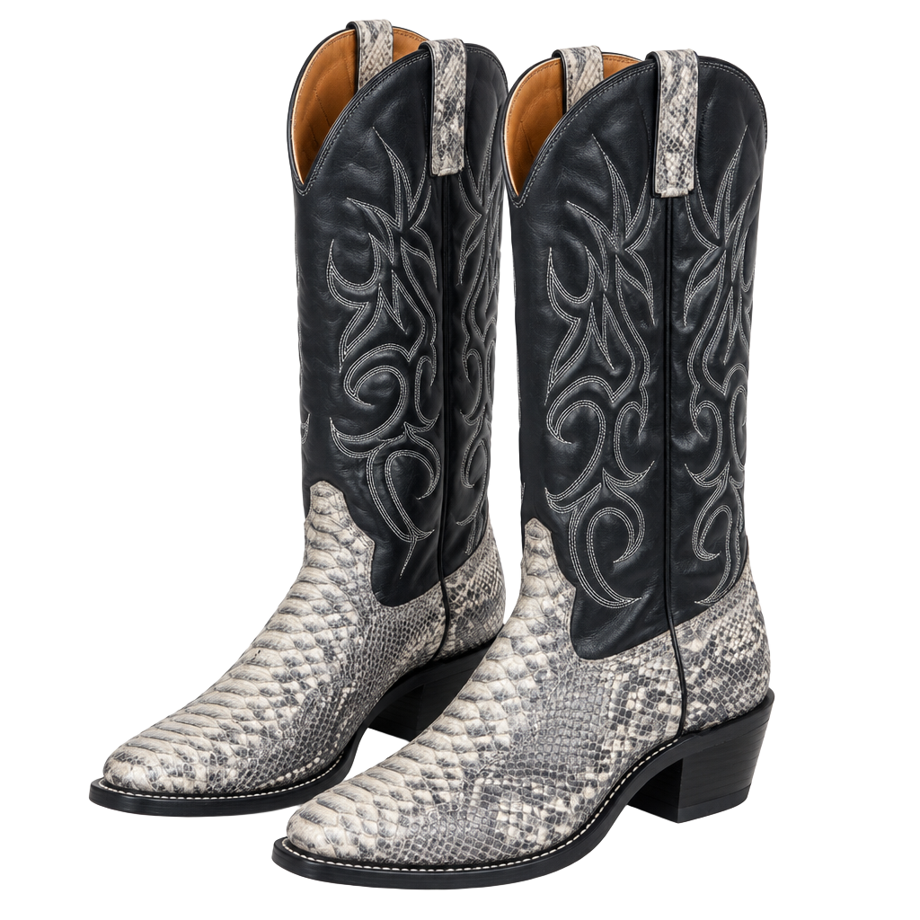 Vintage Snake Skin Leather Cowboy Boots Black Silver 1