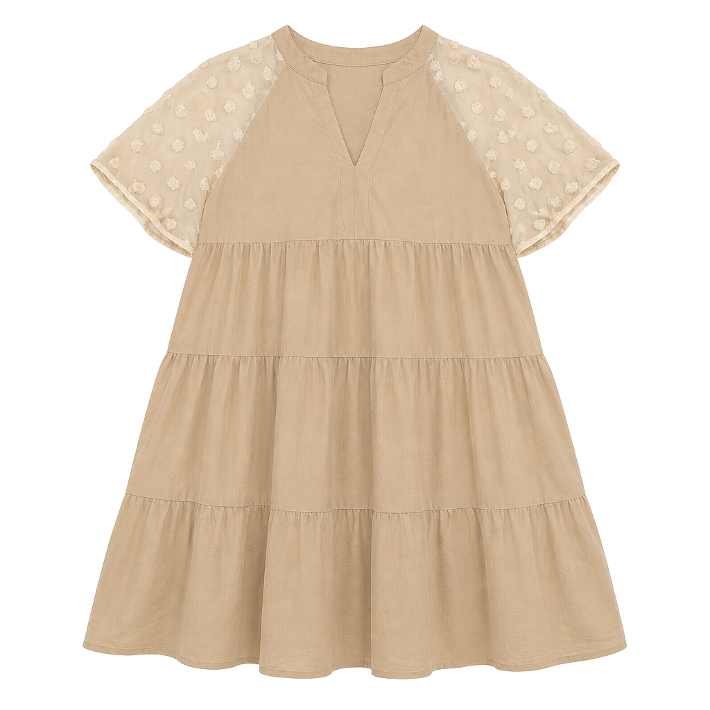 Doublu (Georgia Junkies)Tiered Shift Dress Beige Swiss Dot Sleeves 1