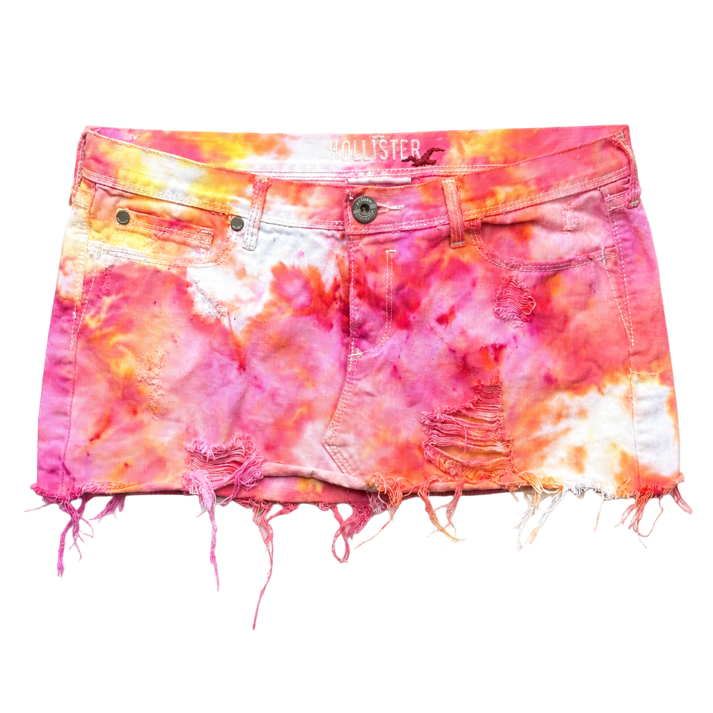 Hollister 1922 Pink and Yellow Tie-Dye Distressed Denim Mini Skirt 1
