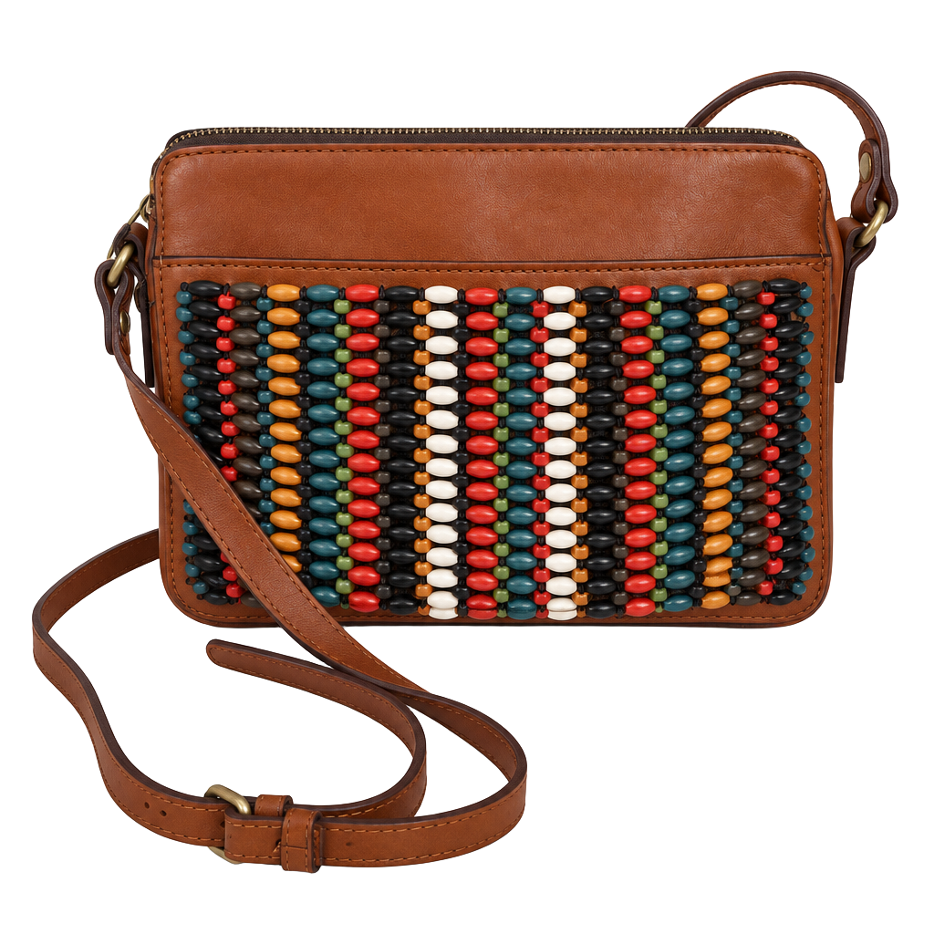 Patricia Nash Leather with Bright Wooden Bead Front Top Zip Crossbody Bag 1