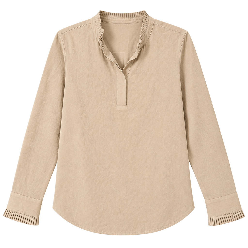 Calvin Klein Blouse Size M Beige Ruffle Collar Long Sleeve Popover 1