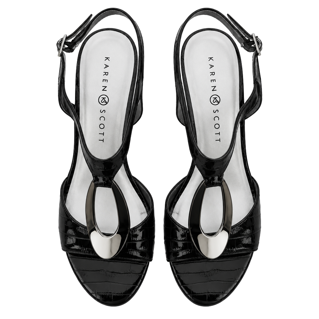 Karen Scott Black Patent Open Toe Heeled Sandals with silver hardware Size 7.5M 1