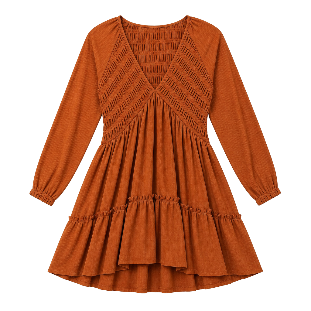 Altar'd State Dress Size XS Rust Orange Smocked Long Sleeve Ruffle Hem 1