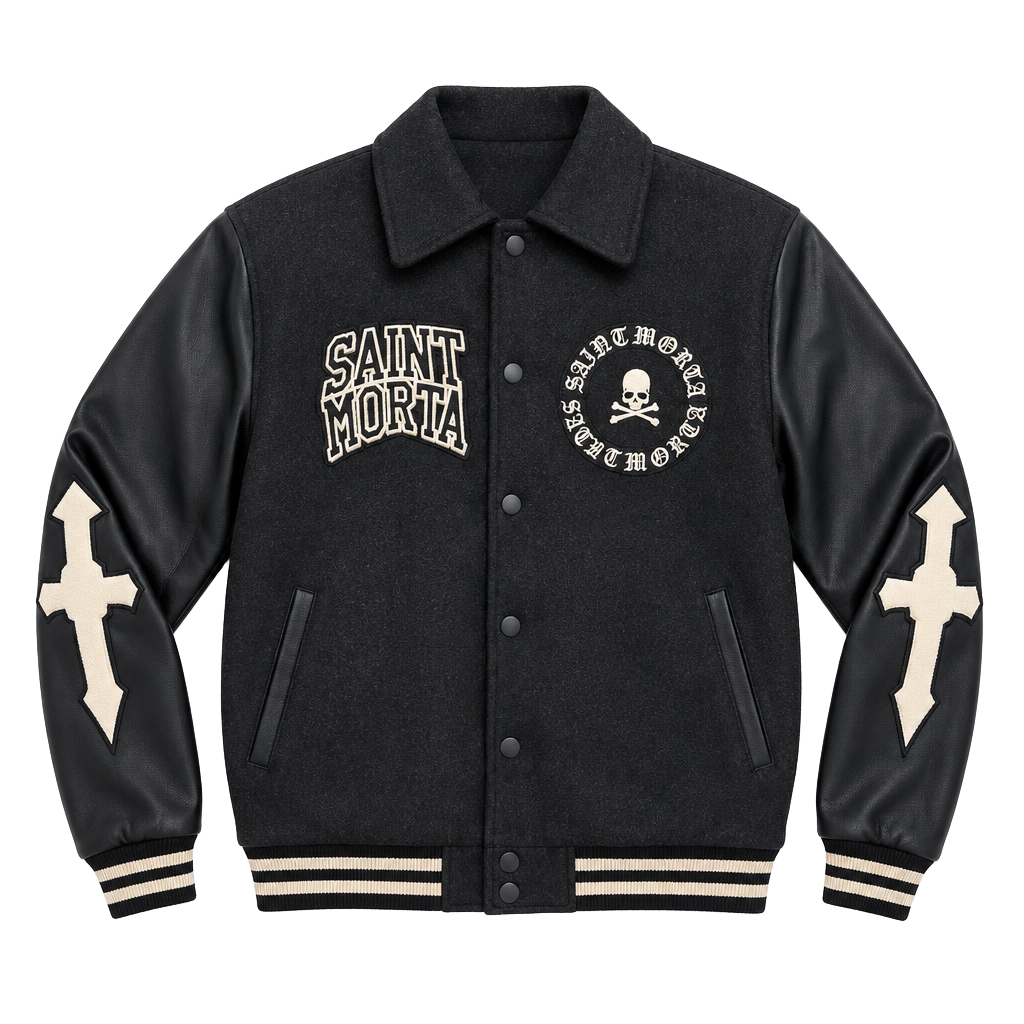 Saint Morta Varsity Jacket Size S Black Wool Leather Skull 1