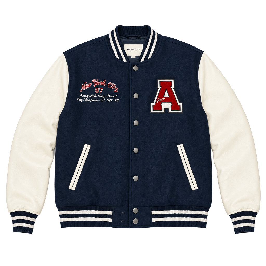 Aeropostale Varsity Jacket Size M Navy Blue White Leather Sleeves 1